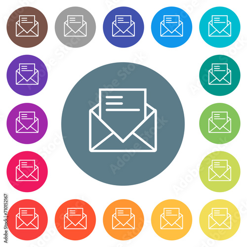 Open mail with letter outline flat white icons on round color backgrounds