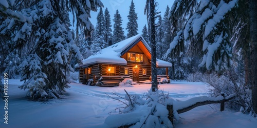 cozy winter cabin with snow-covered trees and a warm fireplace © DailyStock