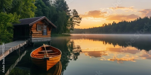 serene lakeside cabin with a rowboat on a calm morning photo