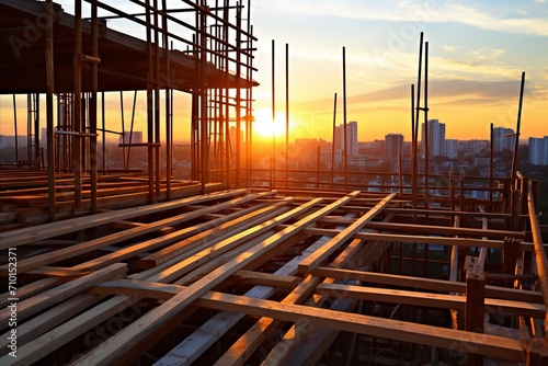 A large construction site on sunset, a construction site on sunset in close-up against the background of the setting sun