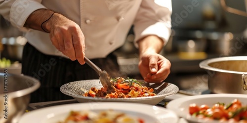 A close-up of a chef preparing gourmet dishes in a restaurant kitchen