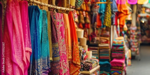 A vibrant Indian marketplace with colorful fabrics and spices on display