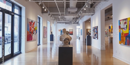 A modern art gallery with abstract paintings and sculptures photo