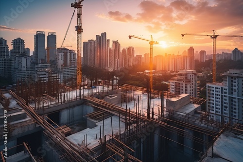 Vibrant close-up of expansive construction site surrounded by mesmerizing sunset panorama