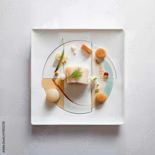 Realistic illustration of haute cuisine made from elaborate non-food items. halibut white fish. Generative AI.