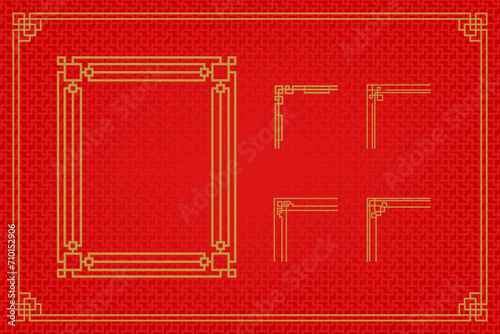 Chinese frame or border set on red background. traditional asian ornaments, golden oriental