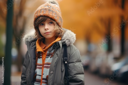 Portrait of a young beautiful girl in a hat and coat on the street © Igor