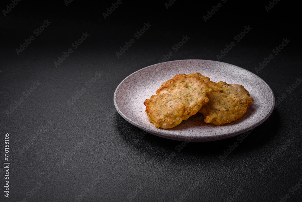 Delicious juicy fried chicken or pork pancakes with salt, spices and herbs Delicious juicy fried chicken or pork pancakes with salt, spices and herbs