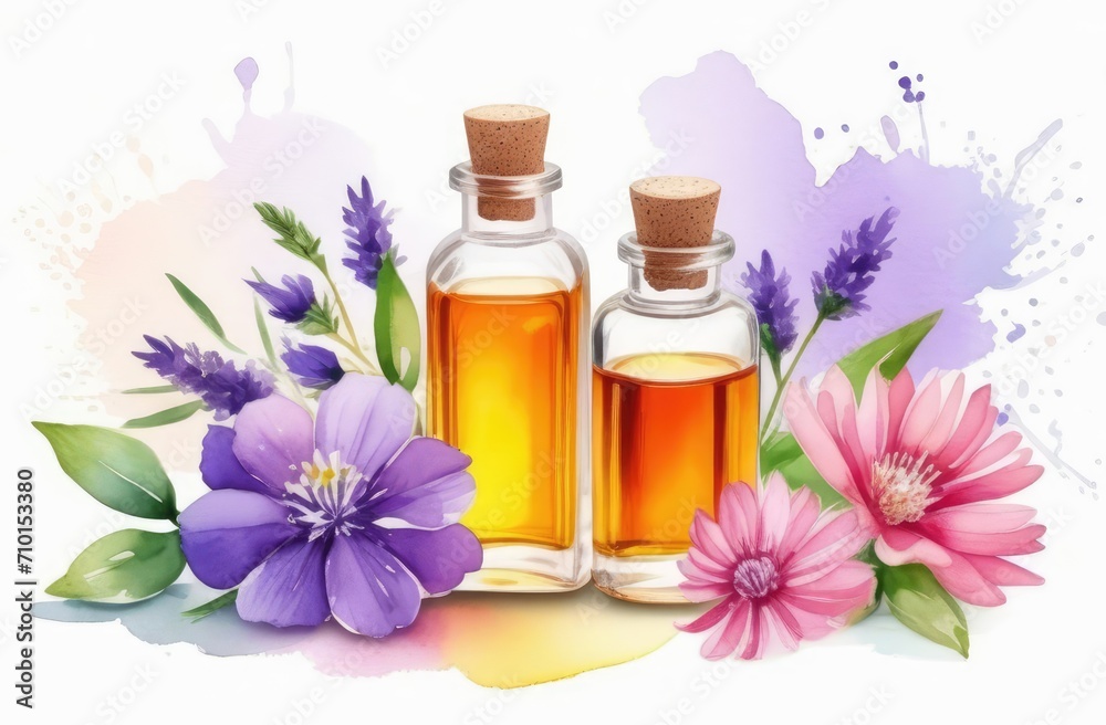 cosmetics bottles with spring flowers, green leaves on white background. essence oil in watercolor. cosmetics bottles with spring flowers, green leaves on white background. essence oil in watercolor.