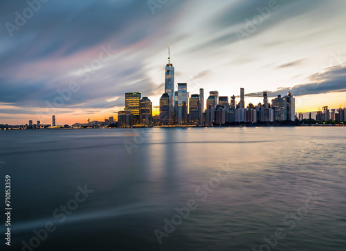 New York City. Manhattan downtown skyline skyscrapers at sunset.