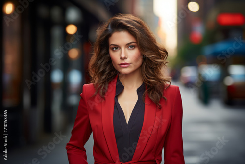 A confident businesswoman in a striking red blazer, standing tall amidst the hustle and bustle of a modern city, her eyes reflecting determination and ambition