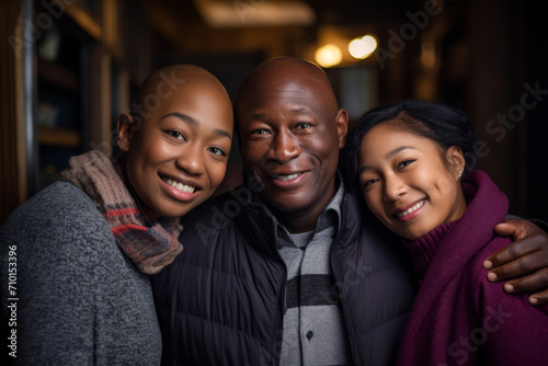 A middle-aged dad, balding with a smile, wearing a vibrant tie, in a cozy living room with his family, radiating warmth and love despite the everyday challenges of life