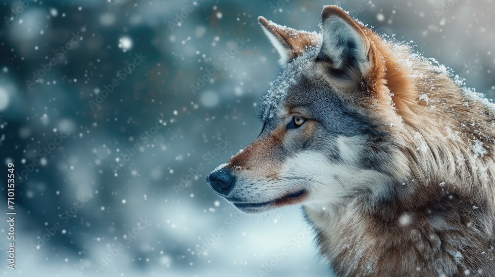 Wolf with a contemplative expression amid falling snow