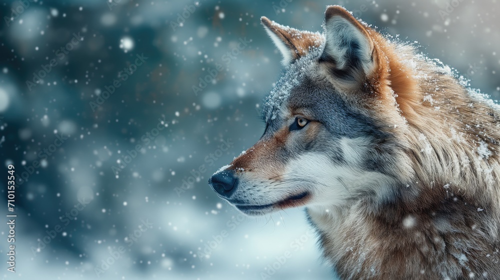 Wolf with a contemplative expression amid falling snow Wolf with a contemplative expression amid falling snow
