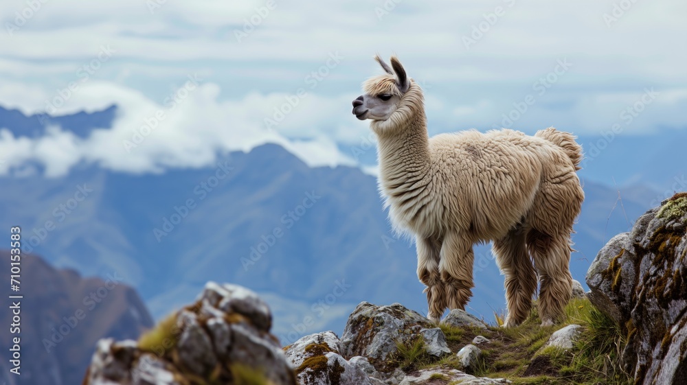 Obraz premium Alpaca overlooking a mountain range, serene and composed