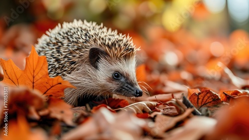 Hedgehog in autumn leaves with a soft-focus background