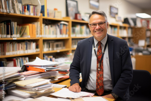 A seasoned school administrator, with a warm smile and wise eyes, sitting in his office filled with books, awards, and mementos from years of dedicated service to education photo