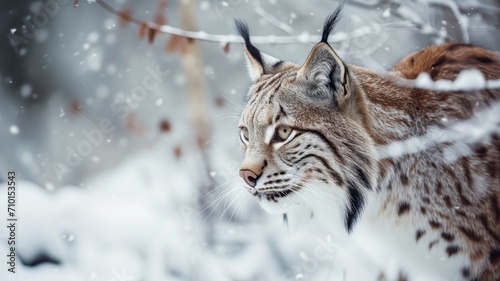 Lynx in a serene snowy landscape with falling snowflakes