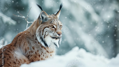 Lynx profile with snowflakes falling in a winter wonderland