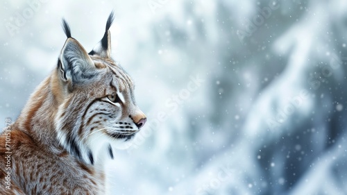 Lynx in a tranquil snowfall, with a soft-focus snowy background