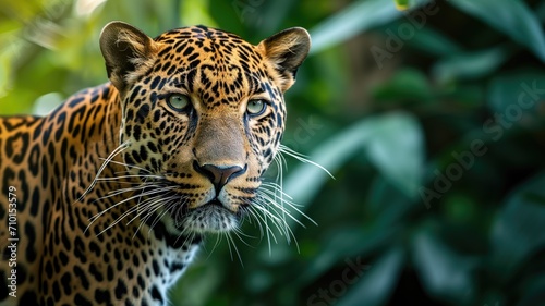 Leopard's intense stare amid jungle leaves © Artyom