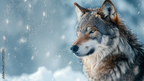 Wolf with piercing eyes in a snow-laden landscape © Artyom