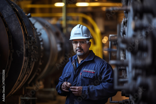 A seasoned Corrosion Engineer in his element, surrounded by rusted metal structures, inspecting the integrity of industrial equipment with a focused gaze