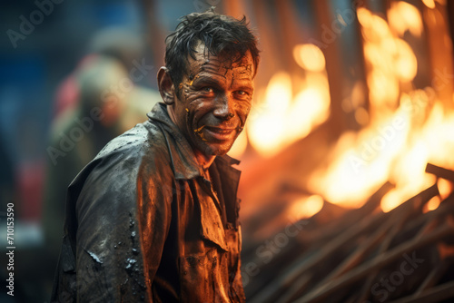 A Gritty Portrait of a Foundry Worker, Sweating and Struggling, Yet Smiling Amidst the Fiery Furnaces and Molten Metal