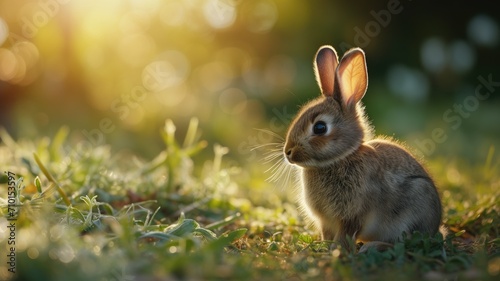Bunny in soft sunlight on a fresh green meadow
