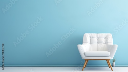 Modern white velour chair on wooden legs isolated on blue background copy space. AI generated image photo