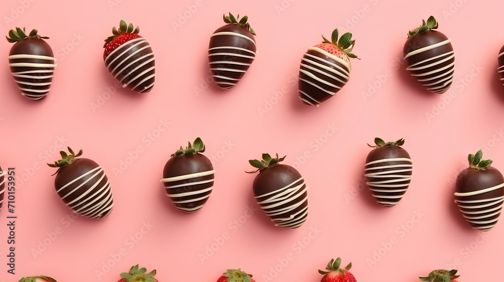 Lots of different chocolate covered strawberries. Concept: Romantic appetizer for a date. Fruits covered with cocoa and multi-colored glaze. banner with copy space on a beige background
 - obrazy, fototapety, plakaty 