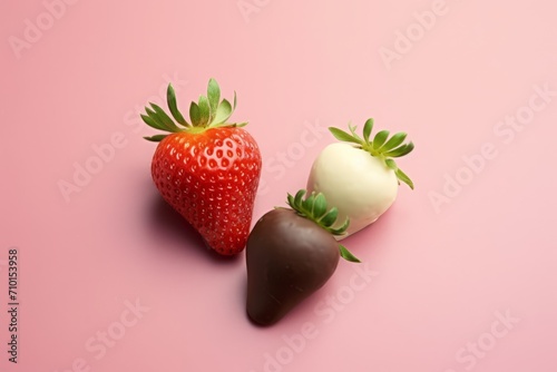 Lots of different chocolate covered strawberries. Concept: Romantic appetizer for a date. Fruits covered with cocoa and multi-colored glaze. banner with copy space on a beige background
 photo
