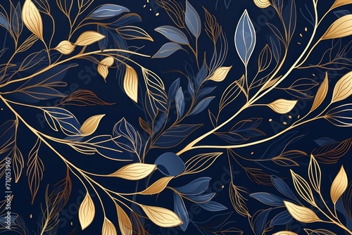 Abstract botanical background with tree branches and leaves in line art. Crimson and golden leaf, brush, line, splash of paint