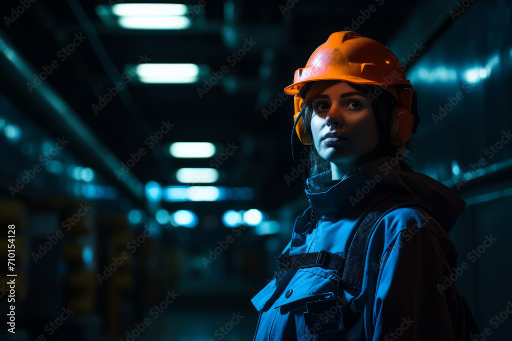 A Striking Portrait of a Female Bunker Guard, Standing Resolute Amidst the Cold, Stark Concrete Walls, Illuminated by the Harsh, Unforgiving Fluorescent Lights
