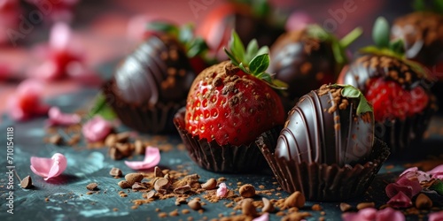 Lots of different chocolate covered strawberries. Concept: Romantic appetizer for a date. Fruits covered with cocoa and multi-colored glaze. banner with copy space on a beige background
 photo