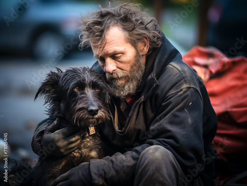 Homeless man holding a wet unhappy stray puppy in the rain on an empty street.