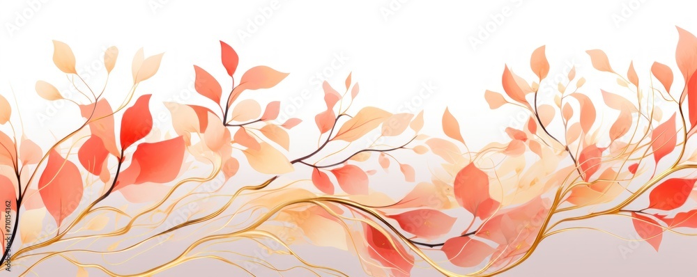 Abstract botanical background with tree branches and leaves in line art. Crimson and golden leaf, brush, line, splash of paint 