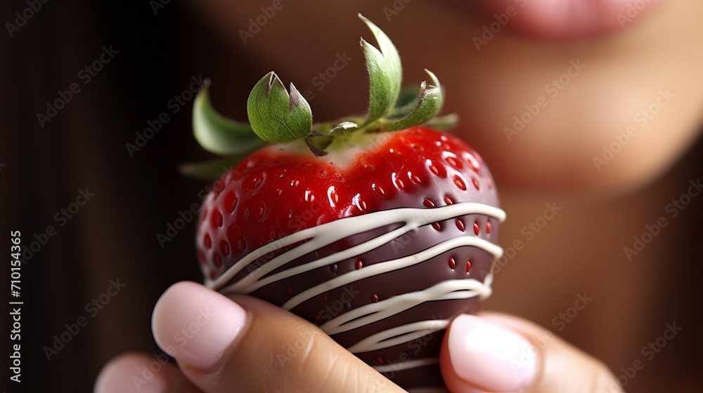 Obraz premium Girl's lips, close-up with chocolate-covered strawberries. Concept: passion and appetizer for a romantic evening