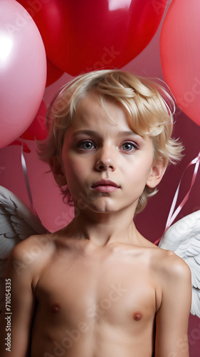 Portrait of cupid. Little blond boy angel with wings and red Valentine' s day balloons