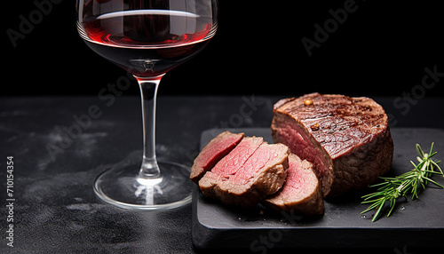 Grilled steak on wood table, wineglass with elegance, generated by AI