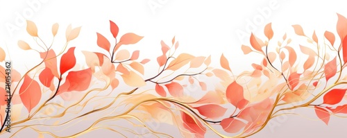 Abstract botanical background with tree branches and leaves in line art. Crimson and golden leaf  brush  line  splash of paint 