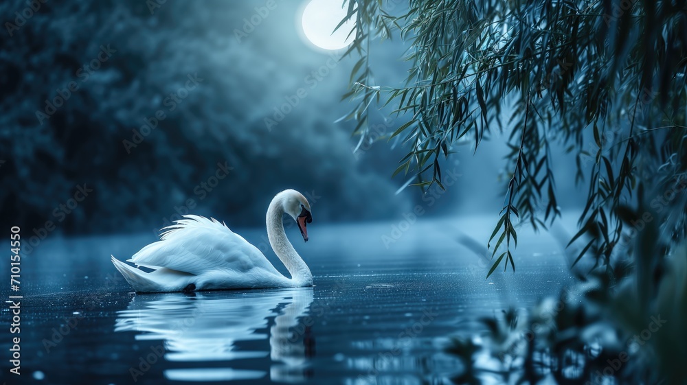 Swan on a misty pond under the moonlight with willow branches overhead - obrazy, fototapety, plakaty 