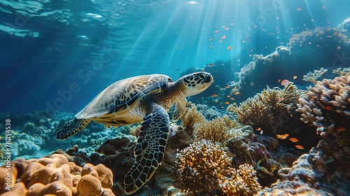 Sea turtle swimming near coral with sun rays filtering through water
