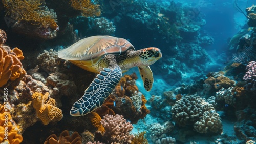 Sea turtle amidst coral undersea in sunlit waters