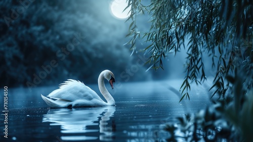 Swan on a misty pond under the moonlight with willow branches overhead