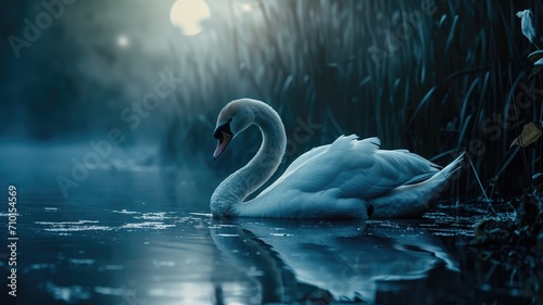 Graceful swan on a misty pond with moonlight casting a serene glow photo