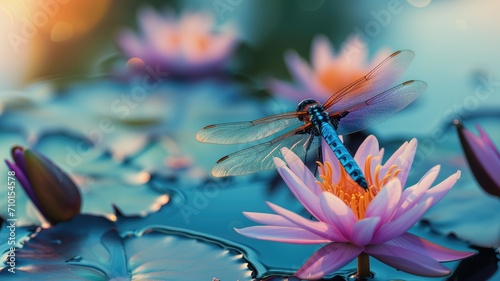 Blue dragonfly on a water lily  vibrant colors with bokeh lights on water