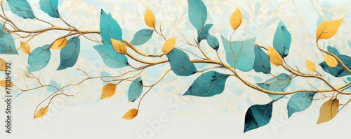 Abstract botanical background with tree branches and leaves in line art. Cyan and golden leaf, brush, line, splash of paint
