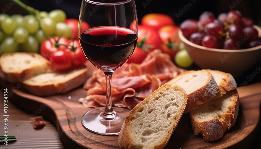 Freshness and rustic bread, wine, and prosciutto, generated by AI