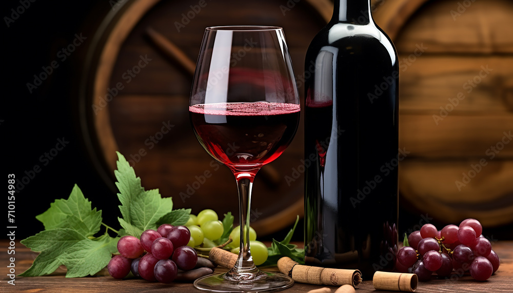 Grape wine bottle on wooden table, elegant drink, generated by AI
